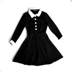【好感度の高い黒ワンピース】白襟/白カフス/お嬢様風/ゴシック調/ストレッチ
