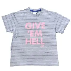 NIKEライトグレー ボーダー半袖Tシャツ ピンクメッセージプリント 綿Lサイズ