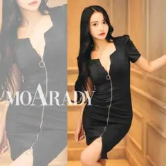 【新品 • 完売品】ミディアム タイト ドレス キャバ 半袖 膝丈 S ブラック