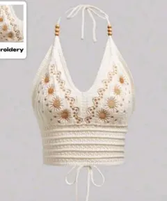 夏の刺繍つきクロスストラップバックレスホルタークロシェニットトップ