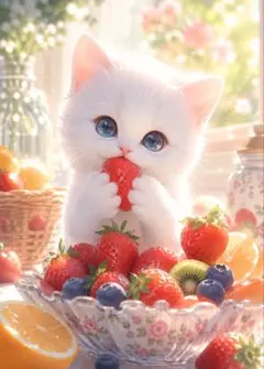 【一点物】白い子猫と真っ赤な苺｜癒やしアート