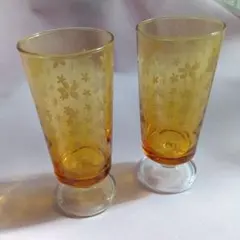 昭和レトロ　アンバー　エッチンググラス　2個セット