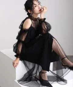 極美品✨️atlo Aラインチュールセットドレス　新品タグ付　黒