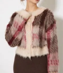 rienda 2WAYロングシャギー チェック ショートニット カーディガン