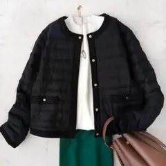 美品 ドレステリア 金ボタン ノーカラー ライトダウンジャケット 36 ブラック