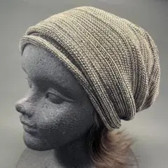 薄手のコットンニット帽　黒ｘベージュ