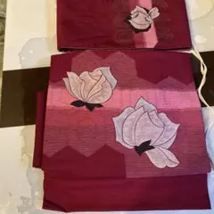 赤紫色 花柄刺繍 作り帯
