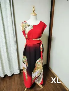 ◆訳あり◆着物リメイク　振袖　人物草花文　ロングワンピースのサムネイル