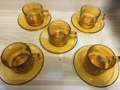 曽我ガラス　アンバーガラス カップ・ソーサー 5個セット＋灰皿＋ミルクピッチャー