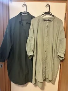オリーブグリーン・ライトグリーン長袖シャツ　美品　ワンピース　M.Lサイズ