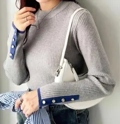 匿名配送　Geera　L 袖口ボタン配色ハイネックリブニット　グレー　配色ニット