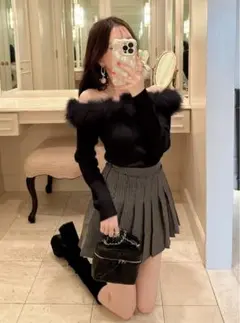 GRL ファーオフショルダーニットトップス S ブラック