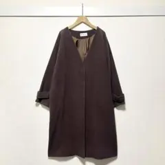 グローバルワーク ノーカラー ロングコート ブラウン ウール混 アウター Fのサムネイル