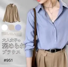 シンプル 長袖 ブラウス 体型カバー くすみカラー ブルー XL