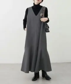 ナチュラルクチュール【mamamo】共布ベルト付きジャンスカ　チャコールグレー