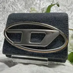 DIESEL ディーゼル デニム 三つ折り財布 金属ロゴ ブルー レザー