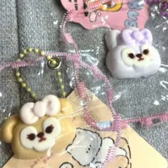 クマ　うさぎ　スクイーズ　ストラップセット（ホワイト・ピンク）