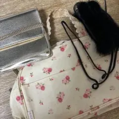 ♫ショルダーバッグ ＆フラワープリントバック＆黒毛皮携帯ケース