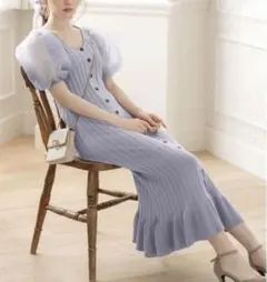 GRL グレイル シアーパフスリーブリブニットワンピース ブルー mb1110