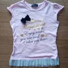 キッズ　Tシャツ　半袖　リボン　フリル　プリントTシャツ　ピンク　130