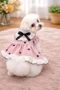 小型犬用 ハート柄ワンピース リボン フリル韓国風 ペット服可愛いドレス ピンク