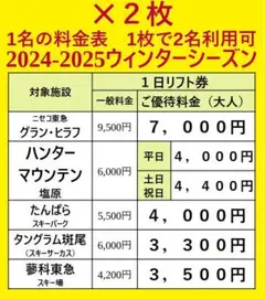 リフト券割引券2枚セット 1枚で大人2名可グランヒラフハンターマウンテン他