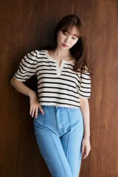 【美品・期間限定値下】Her lip to ボーダーニット 半袖カーディガン 美品・期間限定値下】Her lip to ボーダーニット 半袖カーディガン