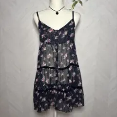 森ガールy2kフェアリーグランジ韓国　ドット小花柄レースシアーチュニック