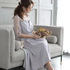 ラベンダー レース袖 パーティードレス M