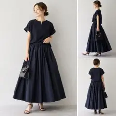 美品 24SS yori 撥水ギャザーロングスカート 36 後ろゴム ネイビーのサムネイル