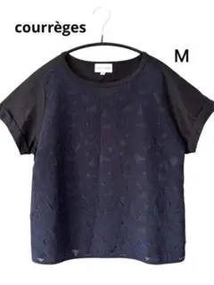 courrèges クレージュ 花柄カットワーク 半袖カットソー ネイビー Ｍ