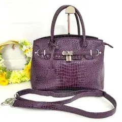 美品 2way エキゾチック クロコ型押し ハンドバッグ ショルダー付き 南京錠