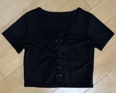 黒 リボン付きレースアップ 半袖クロップドシャツ