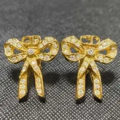 Dior ディオール リボン イヤリング ラインストーン ゴールド CDロゴ
