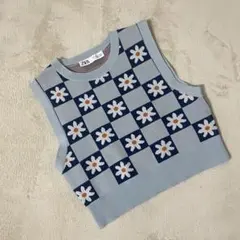 ZARA 花柄チェック ニットベスト　サマーニット　ノースリーブ