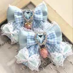 量産型　ヘアリボンピン　ゆめかわ♡空色チェック×ミニリボン×いちご