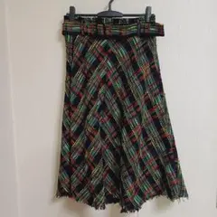 ZARA WOMAN チェック柄 フリンジスカート ミモレ丈 カラフル L