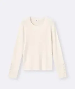 GU リブクルーネックセーター S オフホワイト 袖ボタン 長袖ニット