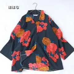 伊太利屋 麻 リネン 花柄 後ろポケット 半袖シャツ ネイビー 紺色 M 9 