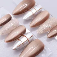 【445】ネイルチップSサイズ ブラウンマグネット　ピンクラメ シルバーチェック