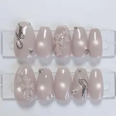 【現品】ネイルチップ 韓国風 マグネット シンプル　クロムパーツ　ピンクグレー
