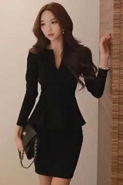 Vネック  スーツ 風 ワンピース 結婚式 サイズ豊富 黒/白