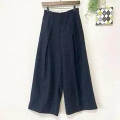 【アースミュージック】 チェックワイドパンツ M ウール 濃紺 秋冬 可愛い