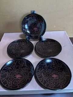 本輪島漆器朱絵牡丹花文菓子皿　五客揃　極美品