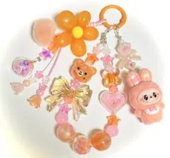 オレンジ☆ピンク☆ビーズストラップ☆キーホルダー☆