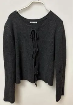 GU フロントリボン リブニット トップス ダークグレーM