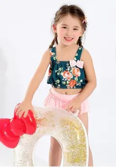 牡丹花柄ベビービキニ水着140cmセパレート水着　帽子付き３点セット　キッズ水着