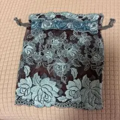 ハンドメイド青色花柄刺繍レース巾着袋