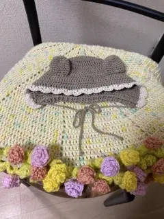 クマ耳付きかぎ編みボンネット