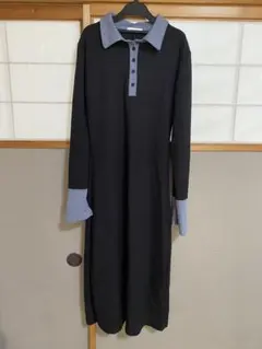ブラックニットロングワンピース・ポロカラー